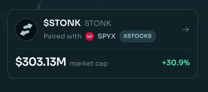 Crypto market card showing '$STONK paired with SPYX' as part of xSTOCKS with a market cap of $303.13M and +30.9% change.