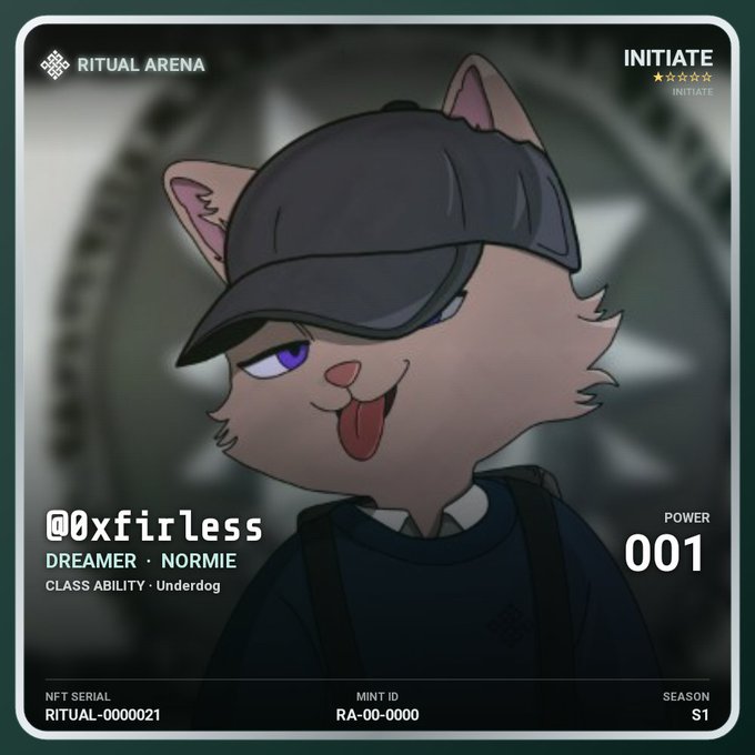 A 'Ritual Arena' NFT profile card for user @0xfirless, featuring an anime-style cat character with a cap, labeled as DREAMER • NORMIE with the class ability 'Underdog' and power level 001.