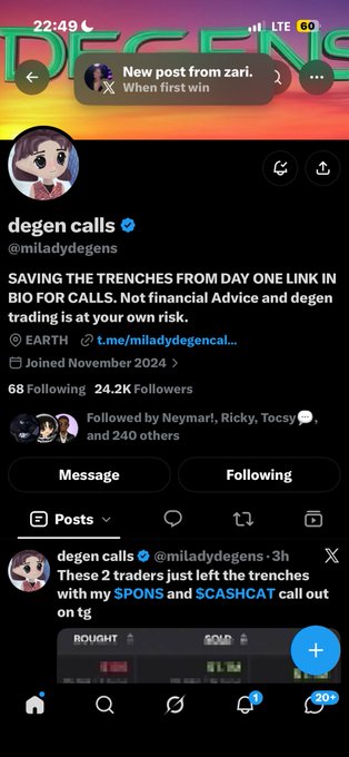 A mobile screenshot of the X (Twitter) profile for 'degen calls' (@miladydegens) showing 24.2K followers and a post about $SPONS and $CASHCAT calls.