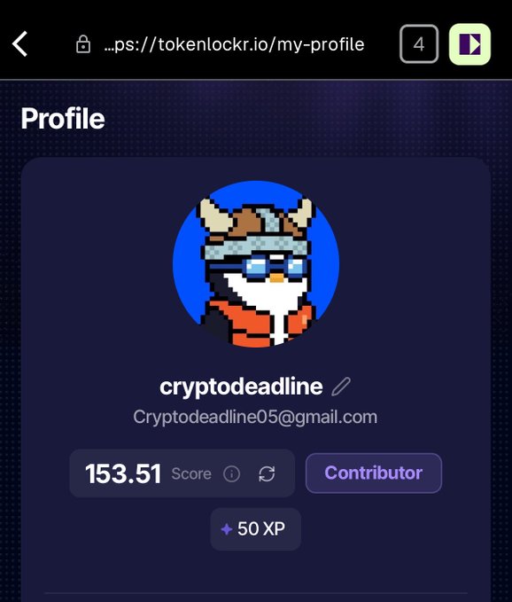 The image shows a profile page on the TokenLockr platform for a user named "cryptodeadline" with the email Cryptodeadline05@gmail.com, displaying a penguin avatar, a score of 153.51, a "Contributor" badge, and a 50 XP reward. This relates to the accompanying post about Acurast, a crypto project, by illustrating the creator's profile and contributor status on TokenLockr—a platform that recognizes and rewards community contributors, reflecting the post's message that creators bring real value beyond just hype.