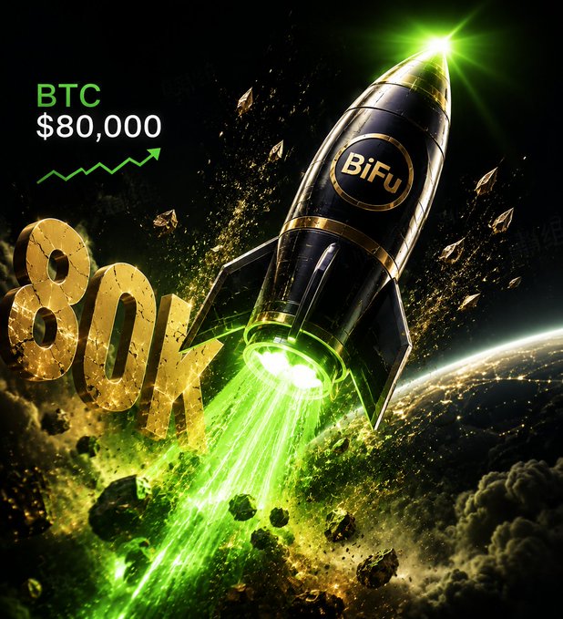 A digital graphic shows a rocket labeled 'BiFu' blasting off with green flames, accompanied by text reading 'BTC $80,000' and a large golden '80K' with an upward arrow.