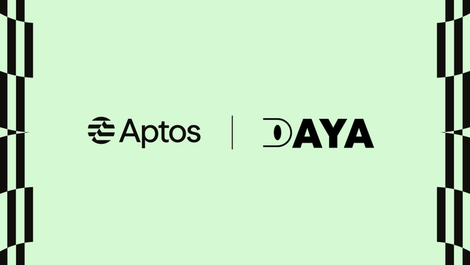 The image displays the Aptos and DAYA logos side by side on a light green background with decorative vertical bar patterns on the edges, visually representing the partnership between the two companies mentioned in the post about Daya's $2.4M raise to build a regulated MENA-Africa trade corridor settled natively on the Aptos blockchain.