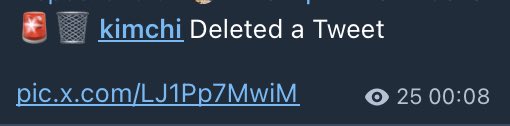 A Discord-style message shows “kimchi Deleted a Tweet” above the link “pic.x.com/LJ1Pp7MwiM,” with a timestamp of “25 00:08.” The apparent tweet deletion is presented as evidence supporting the post’s confusion over whether kimchi was hacked.