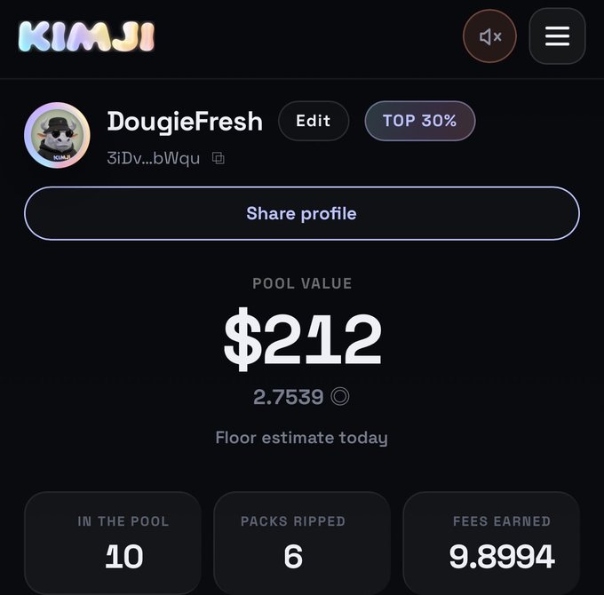 KIMJI app profile page for user 'DougieFresh' showing a pool value of $212 (2.7539) with 10 in the pool, 6 packs ripped, and 9.8994 fees earned.
