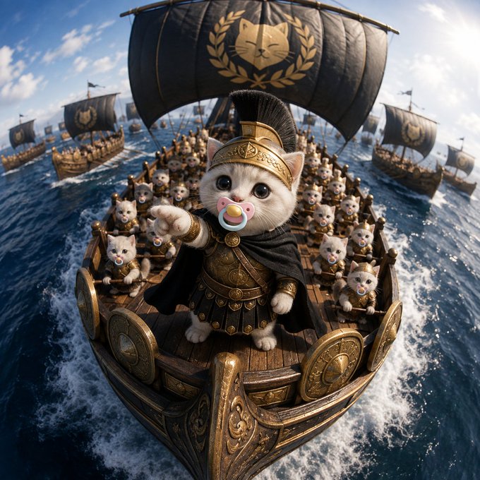 An AI-generated fantasy image of an adorable white kitten dressed as a Spartan/Greek warrior with a golden helmet and armor, leading an army of kittens on wooden ships sailing on the ocean.