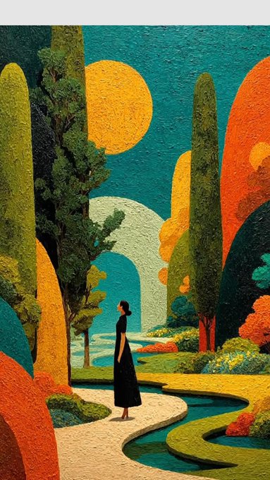 A textured, impressionist-style painting depicting a woman in a black dress standing on a path, surrounded by tall, stylized trees in green, orange, and teal, under a sky with large yellow circular suns.