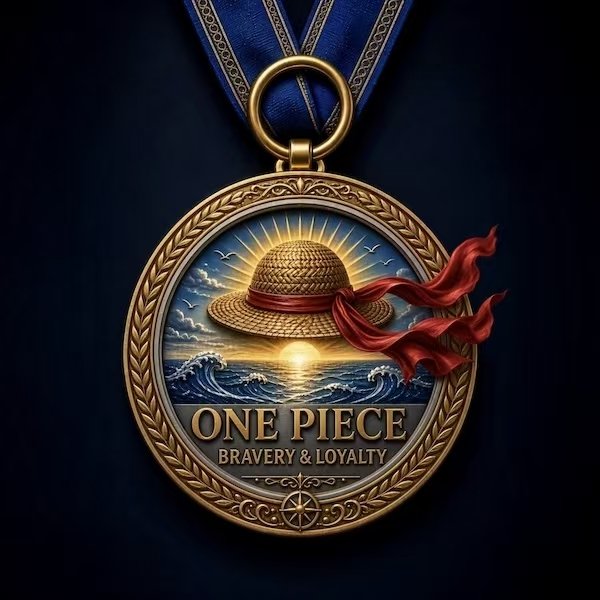 An ornate gold medal with a blue ribbon, featuring an engraved straw hat with a red band, the text "ONE PIECE BRAVERY & LOYALTY," and a background of ocean waves and a sunset.