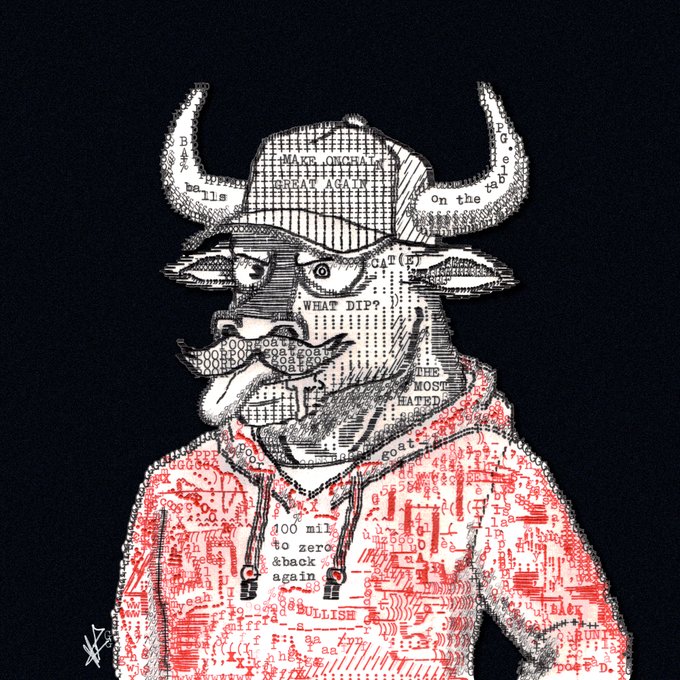 A collage-style portrait of a bull character wearing a hoodie and cap, with the head/face composed of newspaper clippings showing text like 'MAKE ONCHAIN GREAT AGAIN', 'WHAT DIP?', and 'BULLISH'.