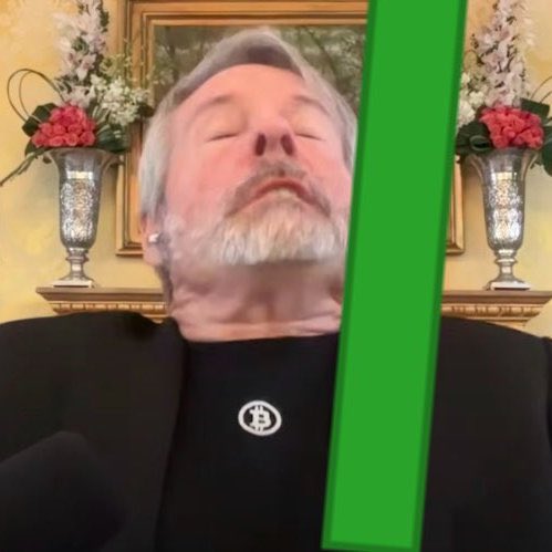 A bearded man with his eyes closed and head tilted back appears in a moment of serene satisfaction or relief, wearing a black shirt featuring the Bitcoin "₿" logo. The green candlestick overlaying the image symbolizes Bitcoin's upward price movement, visually representing the context that "Strategy has just shifted from enduring a loss of 9.9 billion USD to enduring a profit of 2.1 billion USD when Bitcoin reached 78,000 USD."