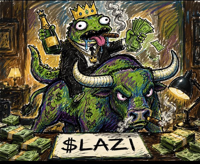 A cartoon illustration of a green lizard wearing a crown, gold chain, and suit, holding champagne and money while riding a tattooed green bull that is smoking a cigar, with a '$LAZI' sign and stacks of cash.