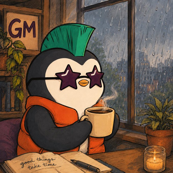 A cozy penguin mascot with a green mohawk and star-shaped sunglasses enjoys a steaming coffee indoors on a rainy day, with an open journal reading "good things take time" on the table and "GM" displayed on the wall—perfectly matching the "gm, new week new chances" post as a cheerful Monday morning vibe check.