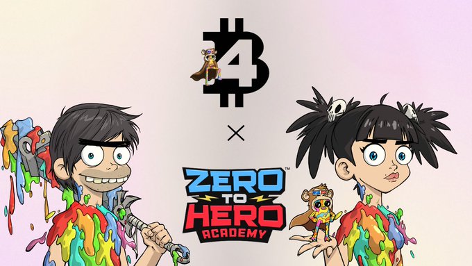 Two cartoon characters covered in rainbow paint flank logos for "₿4" (with a small superhero figure) and "Zero to Hero Academy," alongside a small caped character mascot — visually announcing the official collaboration between the ₿-R4ted Community and Zero To Hero Academy.