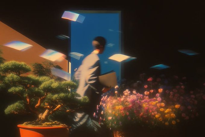 Surreal, motion-blurred artistic image showing a figure walking through a doorway with floating papers, surrounded by a bonsai tree and colorful flowers.