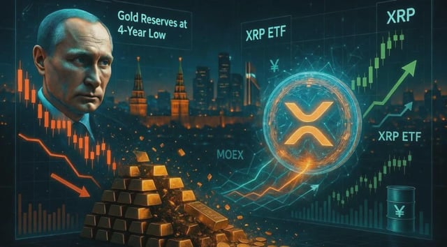 The image features a man's face, possibly a political figure or leader, with the words "XRP" and "EFT" displayed above him. The background of the image shows a city skyline at night, with various buildings and skyscrapers visible in the distance. The text on the image suggests that Russia is turning to XRP as its gold reserves hit a 4-year low, indicating potential financial challenges or economic instability.

The post also mentions "Gold Reserves at 4 Year Low", which implies that Russia's gold reserves have decreased significantly over time. This could be due to various factors such as economic policies, global events, or market conditions. The image seems to be a visual representation of the current state of Russia's economy and its reliance on alternative forms of currency like XRP for financial stability.