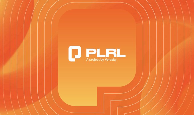 The image features a logo for a company called PLRL, which stands out against an orange background with white lines. The logo has a square shape and displays the text "PLRL" written in white letters. Below the logo, there's some text that reads "A project by Veena". This information suggests that the company is involved in creating content or digital assets for other creators to use. The image also includes an orange background with white lines, which adds a vibrant and eye-catching element to the overall design.