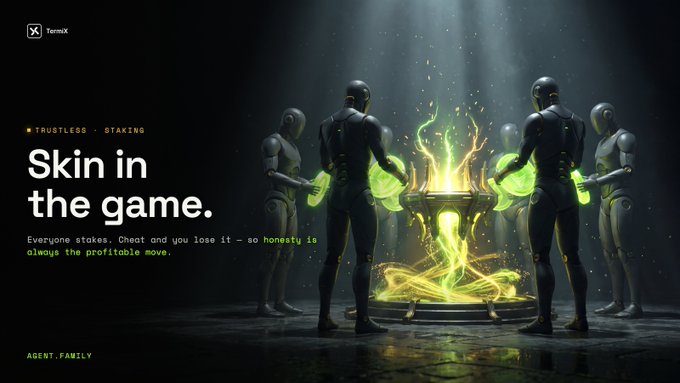 A promotional graphic for 'TermX' with the headline 'Skin in the game.' and tagline 'Everyone stakes. Cheat and you lose it – so honesty is always the profitable move,' featuring dark humanoid figures gathered around a glowing green cauldron with 'TRUSTLESS · STAKING' and 'AGENT.FAMILY' labels.