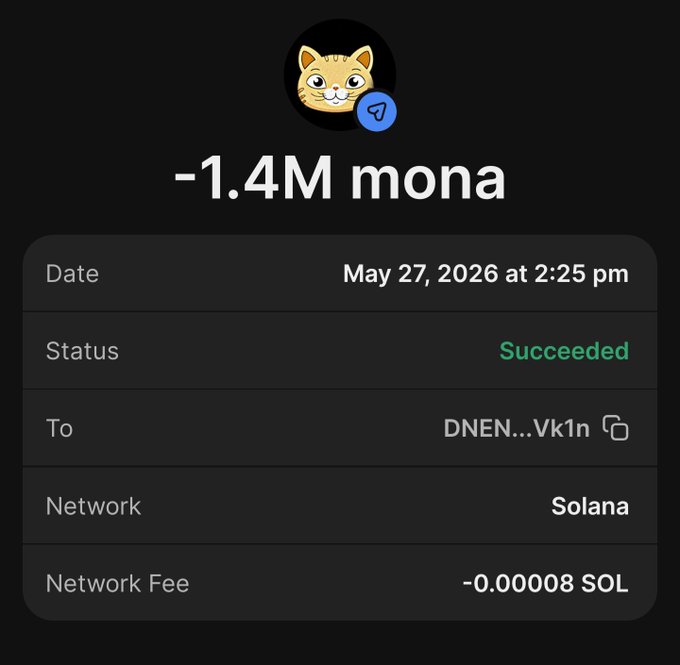 In this screenshot of a cellphone screen, an email account with the name @Monasolanatoken can be seen. A message has been sent from this account stating "DKNEN.V1.IN - 1.4M MONA". The email is related to Mona's wallet and provides details about how much she received in ether (ethers) or what her wallet contains, such as whether it is a 0.8 coin, 0.5 ether, or 100,000 solana. This message likely explains Mona's successful transaction and the amount of money transferred to her wallet.