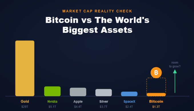 The image is a bar chart titled "Bitcoin vs The World's Biggest Assets," comparing Bitcoin's $1.3T market cap to Gold ($29T), Nvidia ($5.1T), Apple ($4.4T), Silver ($3.7T), and SpaceX ($2.4T), with an arrow noting "room to grow?" next to Bitcoin. This visualizes the post's core thesis: BTC's long-standing "flipping Gold" narrative remains far from realized, as its market cap is still only about 1/25th of gold's, reinforcing the author's commitment to holding until that target is met.