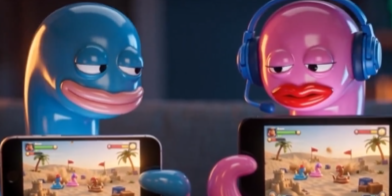 Two cartoonish blue and pink blob characters with headphones playing video games on laptops in a desert setting.