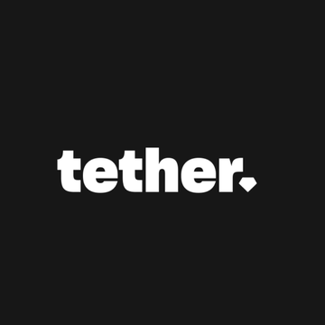 A black graphic displays the white word “tether.” with a small diamond-shaped logo mark, matching the post’s report about Tether investing in Bolivian fintech startup Peso.