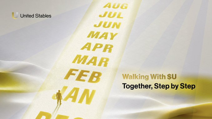 A promotional graphic for 'United Stables' featuring a path of months from DEC to AUG, with a small silhouetted figure walking along the yellow ribbon and the tagline 'Walking With SU Together, Step by Step'.