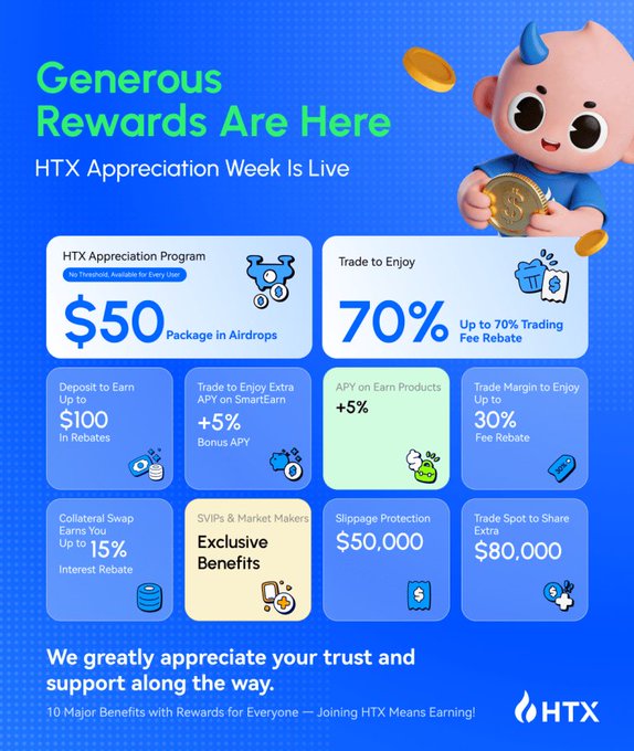 The image shows an advertisement poster about the hashtag 'HTX Appreciation Program'. It displays various icons representing different aspects of the program such as a baby holding up a coin, a heart symbolizing love or affection, and a peace sign indicating harmony. The poster also features bullet points providing details about the program's benefits for users and those who participate in it. The purpose of the advertisement is to encourage people to join the hashtag appreciation week by highlighting its value and the experiences that participants can gain from being part of this program.
