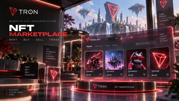 A futuristic promotional banner for the 'TRON NFT MARKETPLACE' with features 'MINT, BUY, SELL, TRADE', showcasing various NFT items like TRON BEAST and TRON MASKOT.