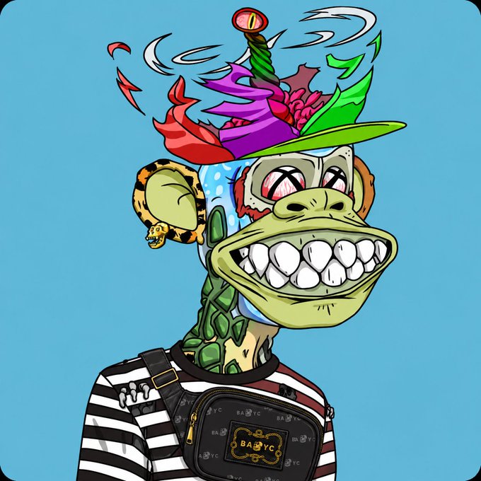 A colorful NFT-style illustration of a grinning anthropomorphic turtle character wearing a striped shirt, a floral-patterned bag labeled 'BAYC', and an elaborate hat with flowers and a snake.