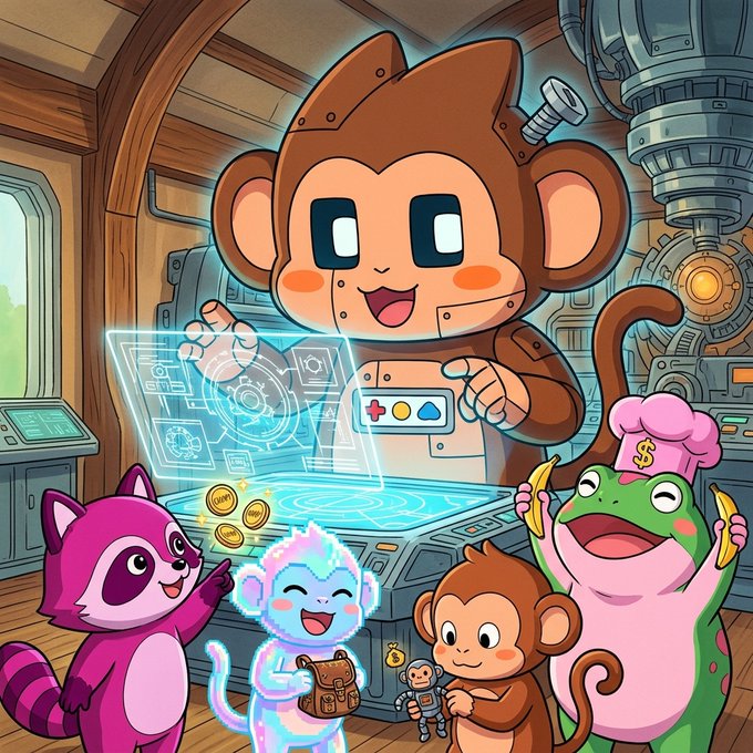 A colorful cartoon illustration depicting a robotic monkey interacting with a holographic display, surrounded by a raccoon, glowing monkey, baby monkey, and a frog-like creature in a high-tech workshop.