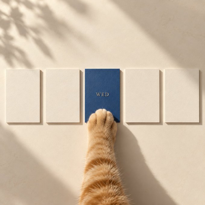 An orange tabby cat's paw reaches toward one of five wall panels, pressing the blue middle panel labeled 'WED' among cream-colored ones, bathed in soft sunlight.