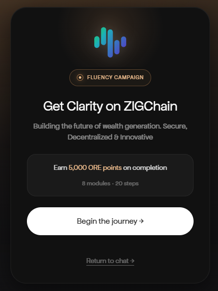 A Fluency Campaign card titled "Get Clarity on ZIGChain" invites users to complete 8 modules across 20 steps to earn 5,000 ORE points, aligning with the post's promotion of a collaboration between ORO and ZIGChain to distribute a share of a 3 million USD project through accessible ORE Points farming.