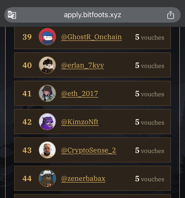 The image displays a leaderboard from apply.bitfoots.xyz showing users ranked 39-44, including @GhostR_Onchain, @erlan_7kyy, @eth_2017, @KimzoNft, @CryptoSense_2, and @zenerbabax, each holding 5 vouchers, supporting the request for those with vouch rights to help out @BITFOOTS_.