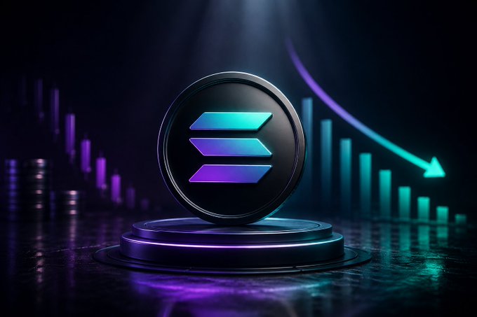 A 3D rendered cryptocurrency coin with a blue and purple gradient logo sits on a glowing pedestal, with a downward-trending bar chart and arrow in the background indicating a price drop.