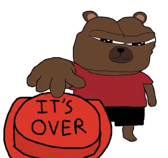 The image features a cartoon bear wearing a red shirt with "It's Over" written on it, holding an orange button that says "It's Over". The bear appears to be pushing or pulling the button towards itself. The caption below the image reads "Day 767 posting a meme until $BOBO gets to 1B market cap", which is likely a reference to the popular video game series "Minecraft".