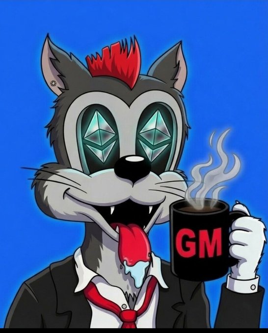 A cartoon wolf character with red hair and diamond-shaped glowing eyes wearing a suit, drooling and holding a black coffee mug that says 'GM' (good morning) in red text, a popular crypto/web3 greeting, against a bright blue background.