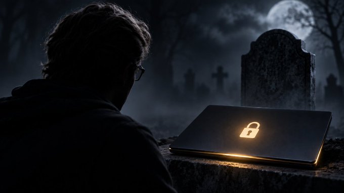 A silhouetted figure with glasses looks at a laptop displaying a glowing padlock icon in a dark, foggy graveyard with a full moon.