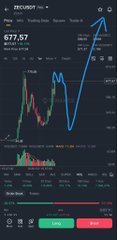 The image shows a DEC/M5 Pro cryptocurrency trading platform chart displaying Bitcoin (BTC) at $677.57 with a downward trend, which the post contrasts with its prediction that Zcash (ZEC) will be the "new Bitcoin." A hand-drawn blue arrow emphasizes the volatile price action visible on the candlestick chart, reinforcing the post's claim about legendary Japanese trader's price predictions and previous successful BTC trades from $4,000 to $96,000.