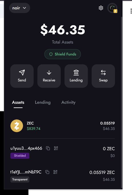 The image displays a Noir wallet interface showing a total balance of $46.35 (0.05519 ZEC at $839.74), featuring both a Shielded address (u1yuu3...4px466) with 0 ZEC and a Transparent address (t1eYjL...mNbt9C) holding 0.05519 ZEC worth $46.35, illustrating the dual address system mentioned in the post.