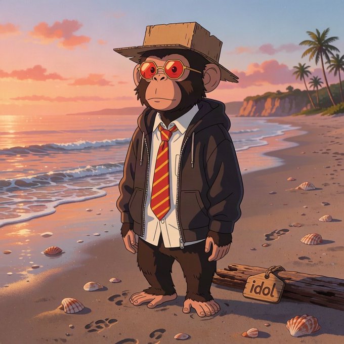 An anime-style illustration of a monkey wearing a cardboard hat, red-tinted sunglasses, a white shirt with a red and yellow striped tie, and a dark hoodie, standing on a beach at sunset next to a driftwood log with a tag reading 'idol'.