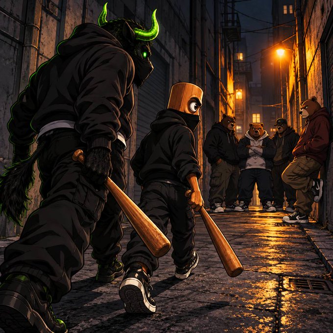 Stylized illustration of two menacing characters—one in a bull mask with glowing green horns and another in a wooden bucket helmet—both wielding baseball bats in a dark urban alley, with onlookers in bear masks watching.