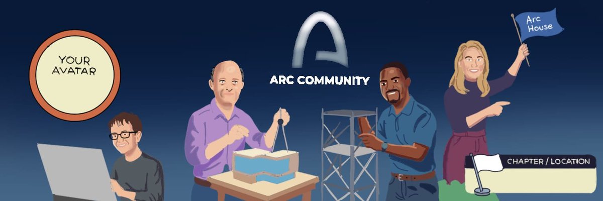 The illustration depicts a banner for the "ARC COMMUNITY" featuring cartoon figures—a person at a laptop, a man constructing a building, another building a tower, and a woman holding an "Arc House" flag—alongside a placeholder labeled "YOUR AVATAR" and "CHAPTER / LOCATION." This visual aligns with the post's introduction of a community submission celebrating Arc's global membership and collective mission to construct its economic operating system.
