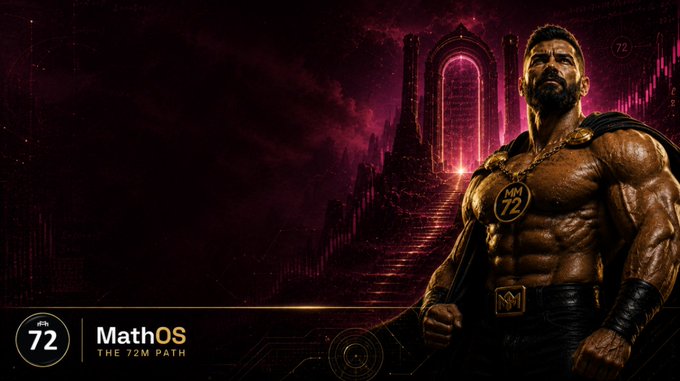 A muscular, bearded man stands in a dramatic pose with a glowing pink portal and stairs in the background, wearing a gold chain reading 'MM 72', with text below reading '72 MathOS THE 72M PATH'.