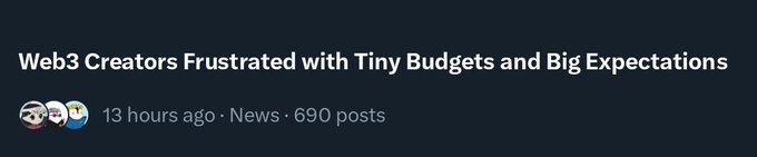 A forum post headline reads "Web3 Creators Frustrated with Tiny Budgets and Big Expectations" posted 13 hours ago in News with 690 posts.