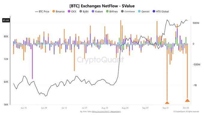 A CryptoQuant chart titled '[BTC] Exchanges Netflow - $Value' tracks BTC Price against netflows across exchanges including Binance, OKX, ByBit, and Kraken from June 15 to October 5.
