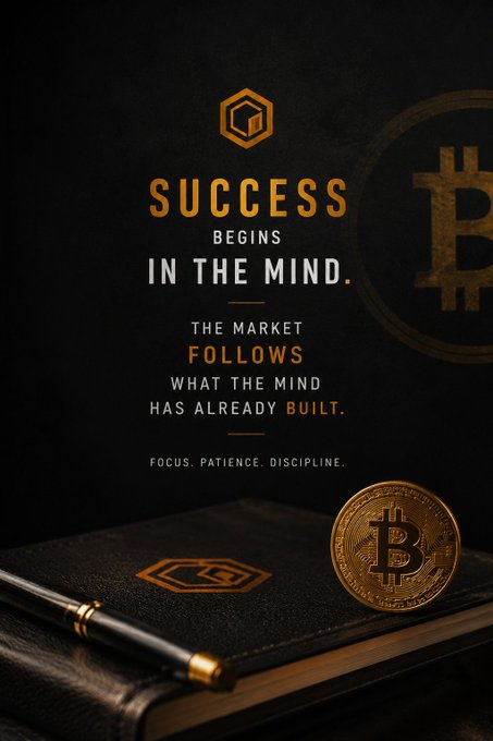 A dark, motivational graphic featuring the text "SUCCESS BEGINS IN THE MIND. THE MARKET FOLLOWS WHAT THE MIND HAS ALREADY BUILT. FOCUS. PATIENCE. DISCIPLINE." alongside a Bitcoin coin and embossed logo, reinforcing the post's message that true success is a mental achievement that precedes market results.