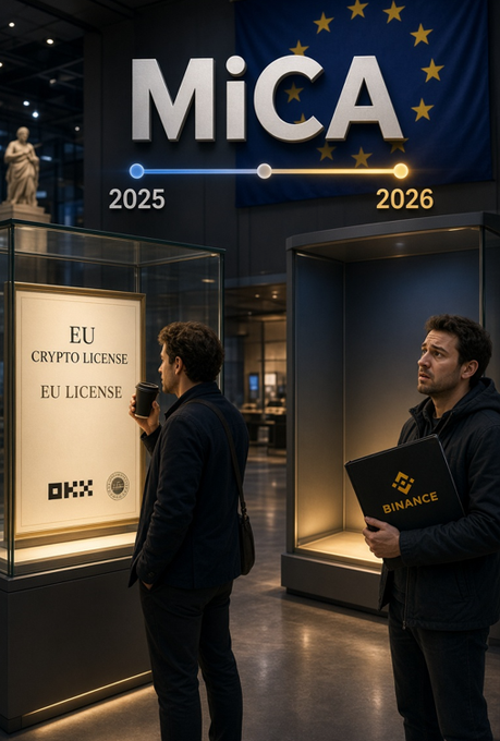 An illustration shows two men standing in a gallery beneath 'MiCA' text and an EU flag, with a timeline from '2025' to '2026'; one man looks at an 'EU CRYPTO LICENSE' display while the other holds a 'BINANCE' folder.
