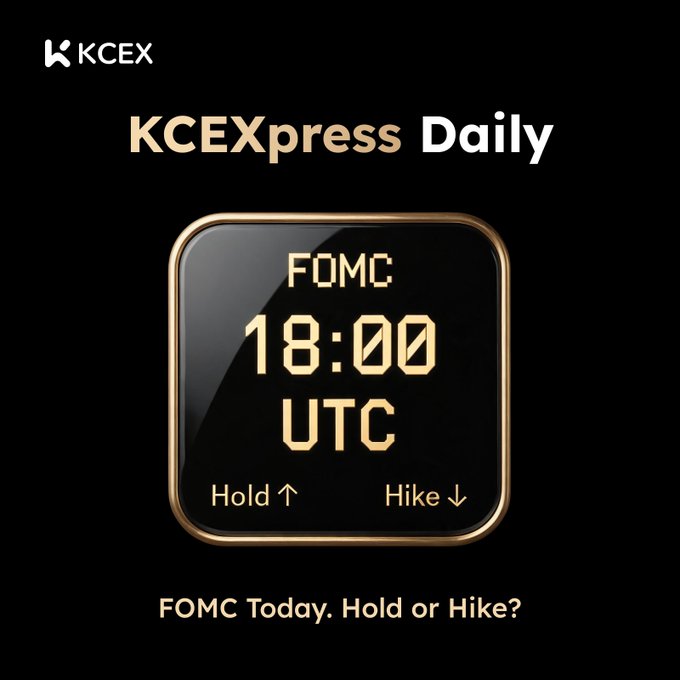 A KCEXpress Daily graphic featuring a digital clock display counting down to the FOMC meeting at 18:00 UTC, with "Hold ↑" and "Hike ↓" options, asking viewers whether the Fed will hold or hike rates today. The visual reinforces the post's message about the FOMC timing and its pivotal impact on BTC trading near the $64K level, where the Fed's tone—not the rate decision itself—is expected to drive market direction.