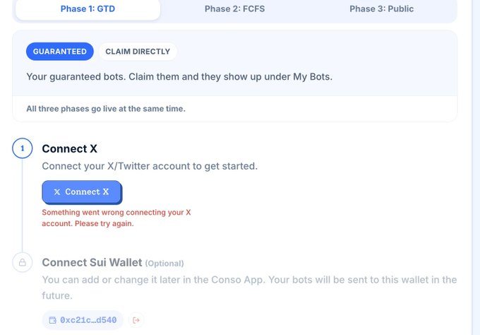A webpage shows tabs “Phase 1: GTD,” “Phase 2: FCFS,” and “Phase 3: Public,” with buttons for “GUARANTEED” and “CLAIM DIRECTLY,” plus a “Connect X” section and a red error message about the X account connection.