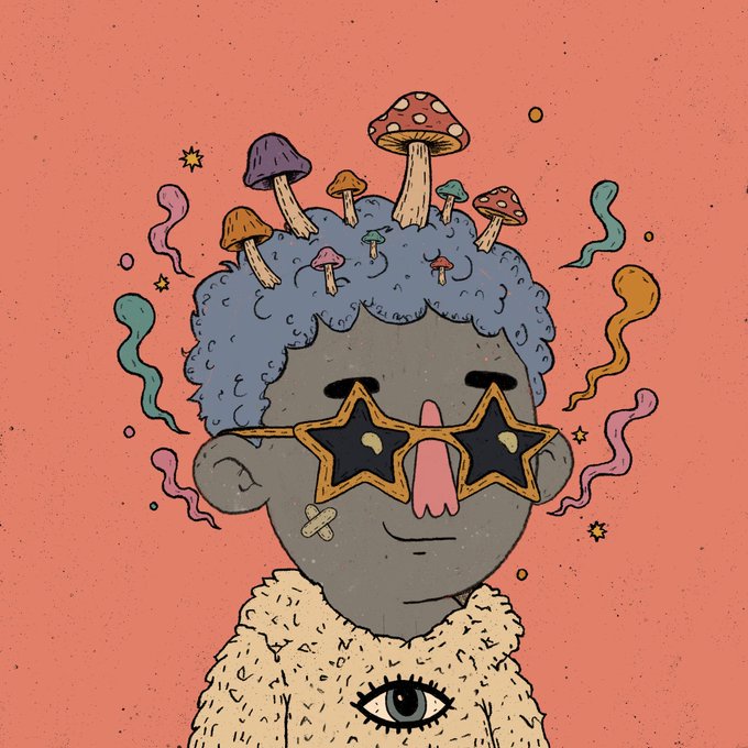 A whimsical illustration of a gray-skinned character with star-shaped sunglasses, a protruding tongue, and mushrooms growing from curly blue hair, wearing a fuzzy sweater featuring a third-eye motif—all set against a coral background with floating squiggles and stars. The psychedelic, hand-drawn aesthetic perfectly matches the post's promotion of a hand-crafted NFT collection, emphasizing the "no AI, no generator" artistic authenticity behind the 3,333-piece mint.
