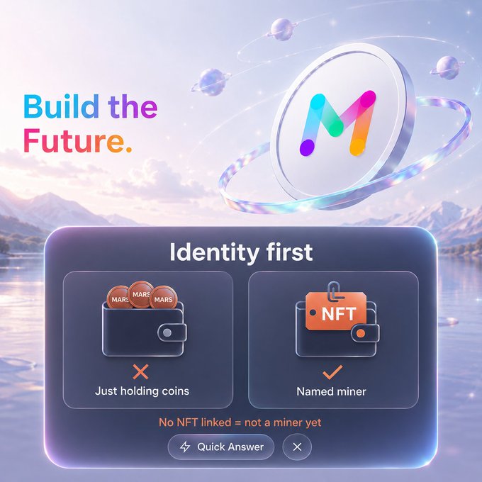 A vibrant "Build the Future" graphic for MarsChainDAO (MARS) illustrates the platform's "Identity first" mining concept, contrasting a wallet "Just holding coins" (marked with an X) against a "Named miner" wallet containing an NFT (marked with a checkmark), reinforcing the post's message that "No NFT linked = not a miner yet."